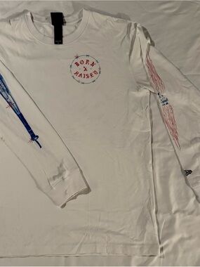 BORN X RAISED White Long Sleeve Tee with Red & Blue Graphics